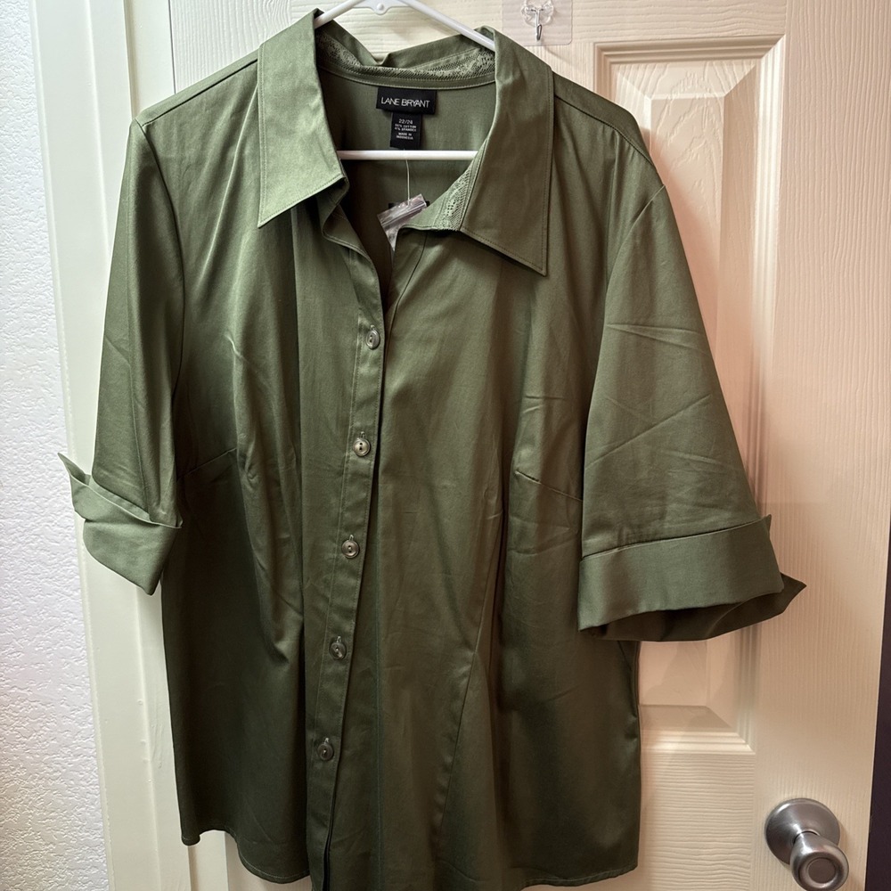 Lane Bryant Green Button Up Blouse Plus Size 22/24 Short Sleeve Cotton Stretch